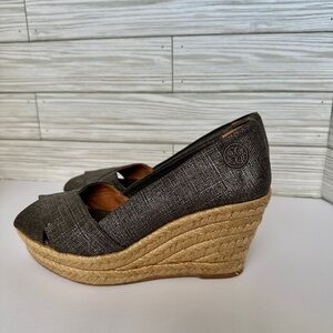 Tory Burch Filipa Espadrille Wedge Sandals‎ Sz 6 1/2 | Metallic Peter Canvas